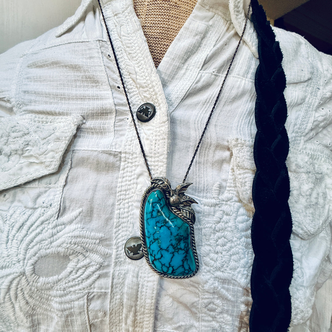 Vintage Navajo Sterling Silver & Huge Turquoise Pendant Chain Necklace