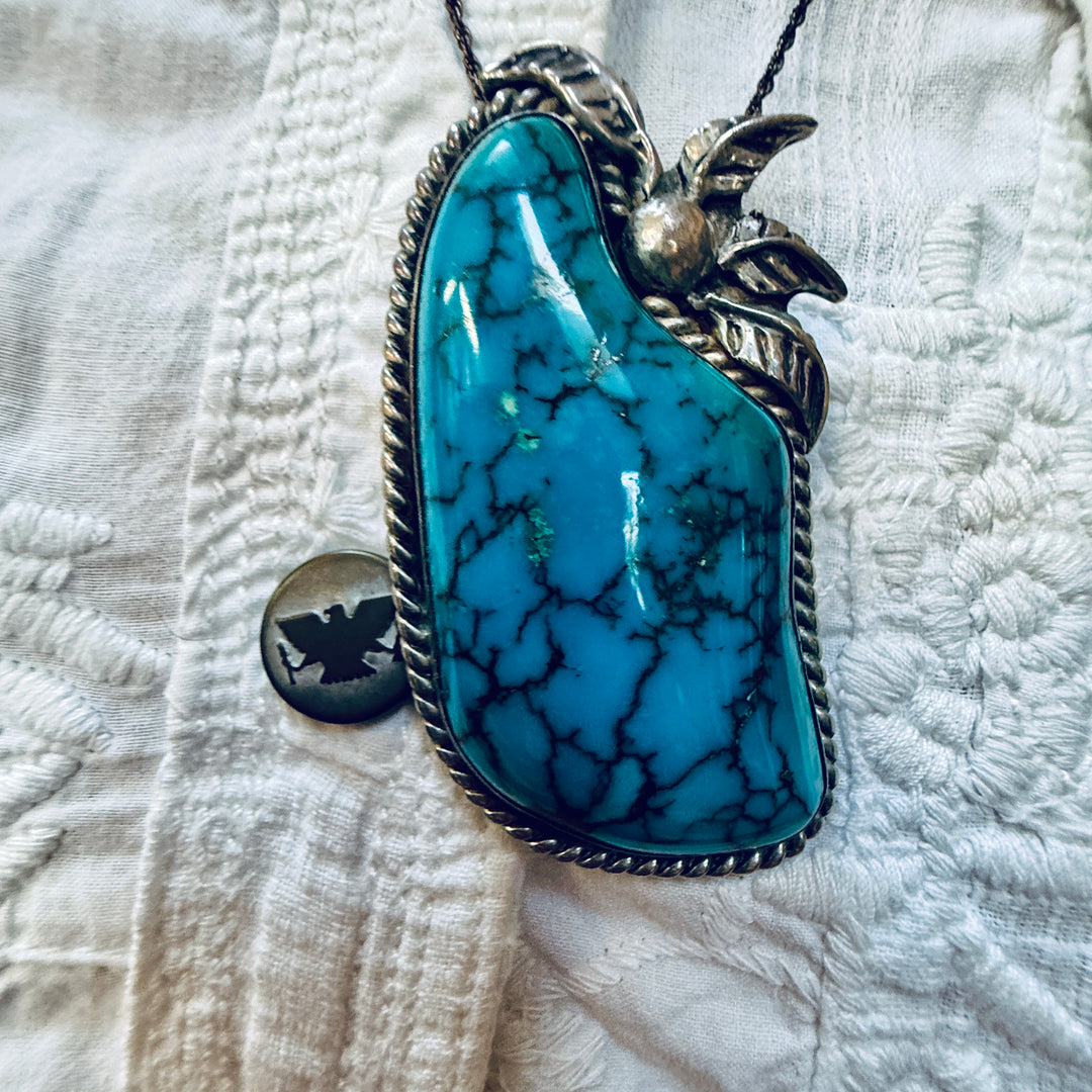 Vintage Navajo Sterling Silver & Huge Turquoise Pendant Chain Necklace