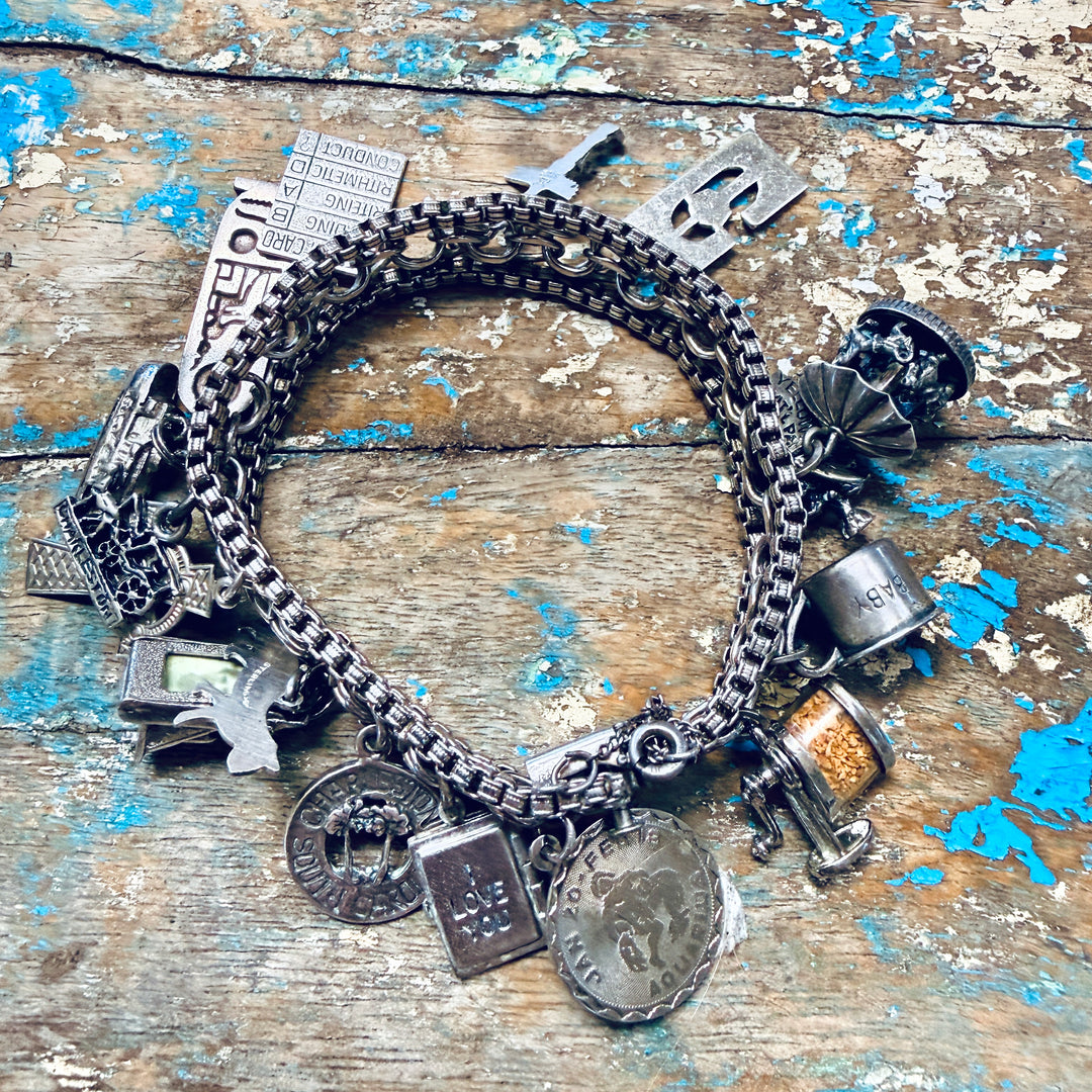 Vintage Wide Sterling Silver 16 Charm Bracelet