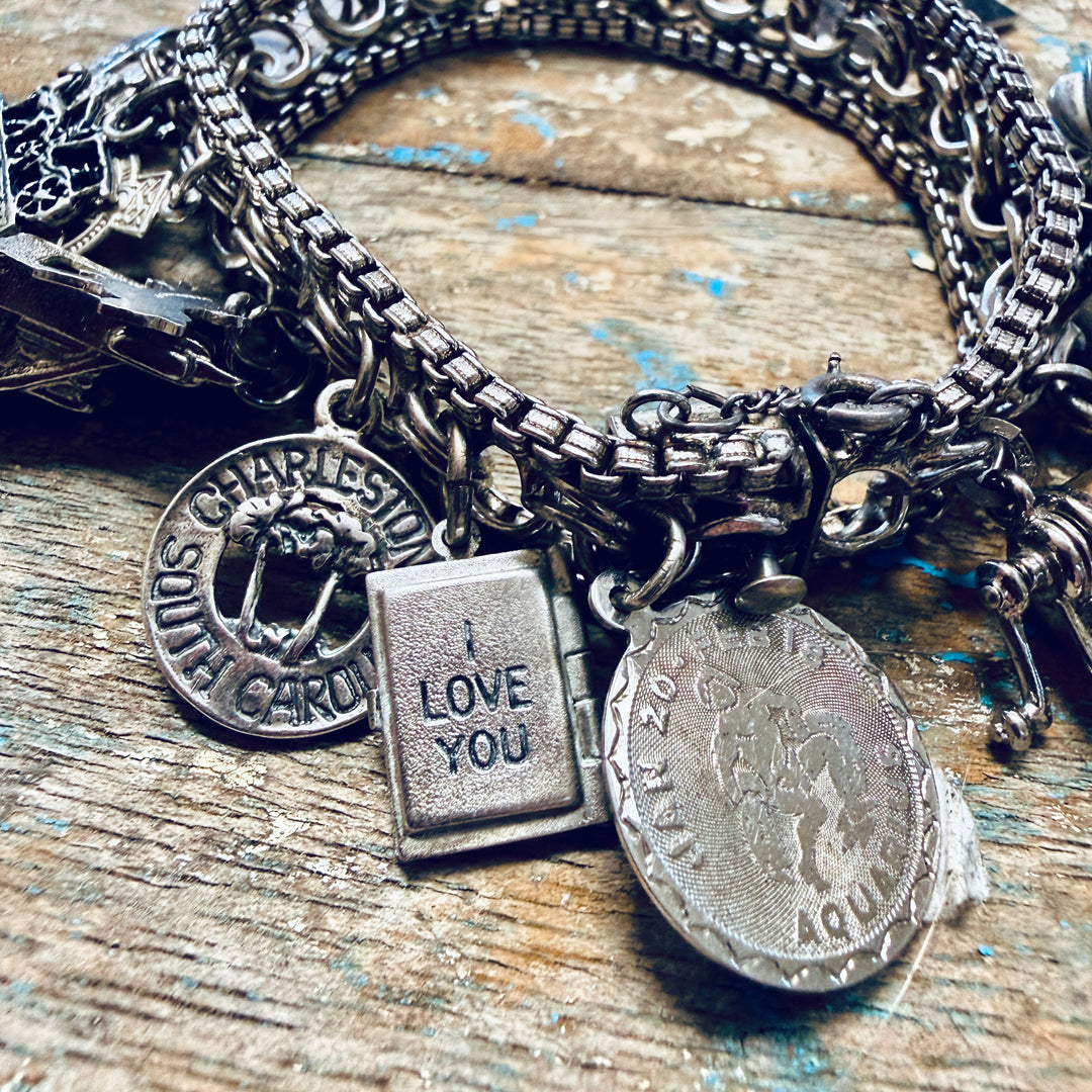 Vintage Wide Sterling Silver 16 Charm Bracelet
