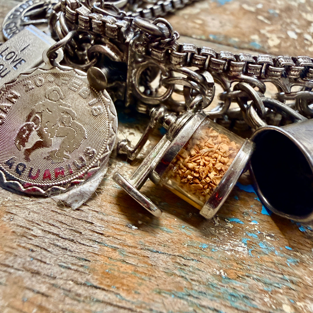 Vintage Wide Sterling Silver 16 Charm Bracelet