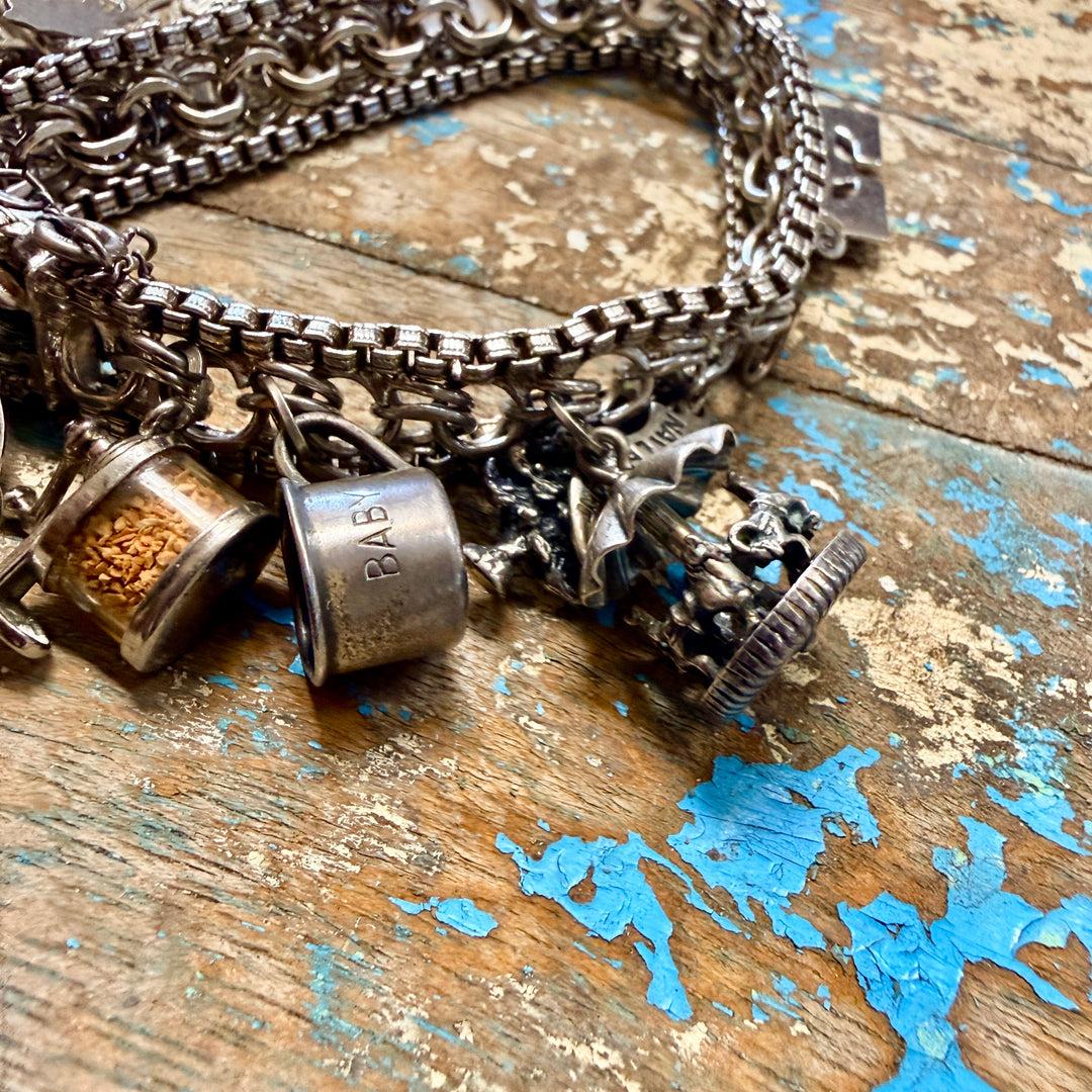 Vintage Wide Sterling Silver 16 Charm Bracelet