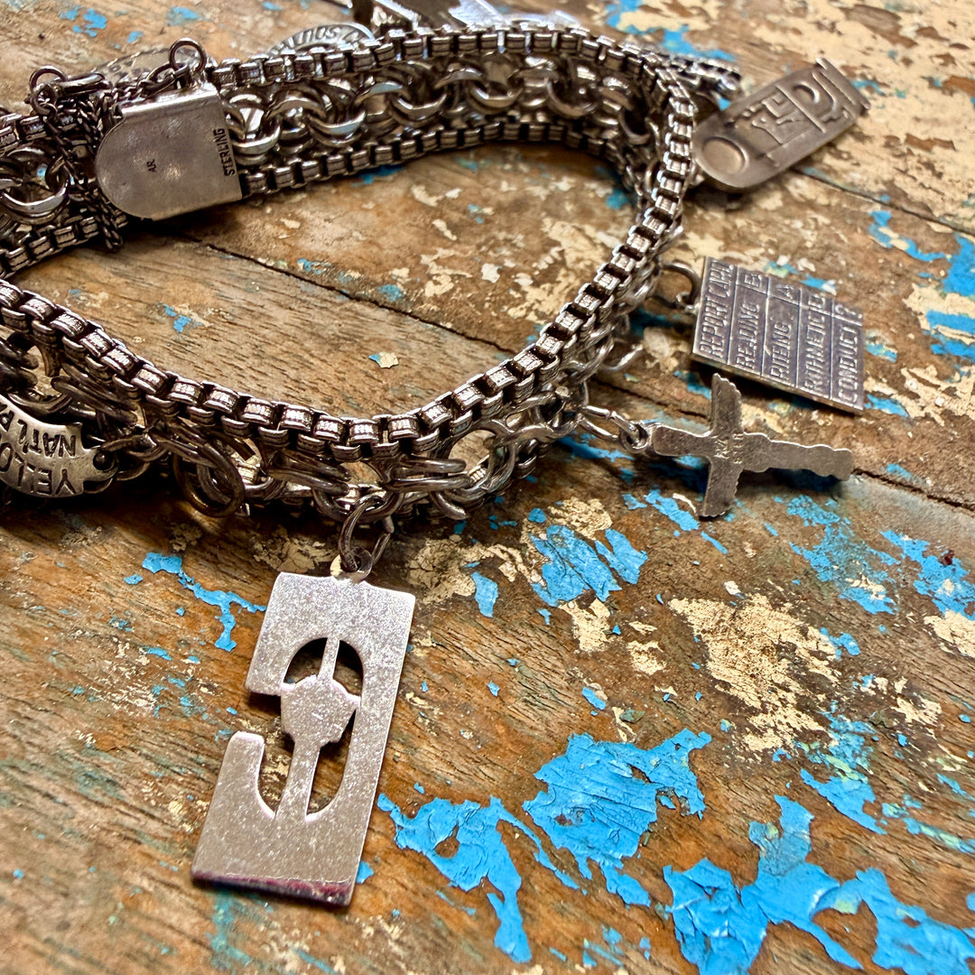 Vintage Wide Sterling Silver 16 Charm Bracelet