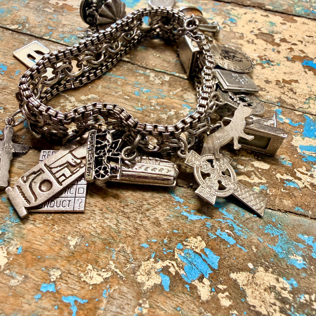 Vintage Wide Sterling Silver 16 Charm Bracelet