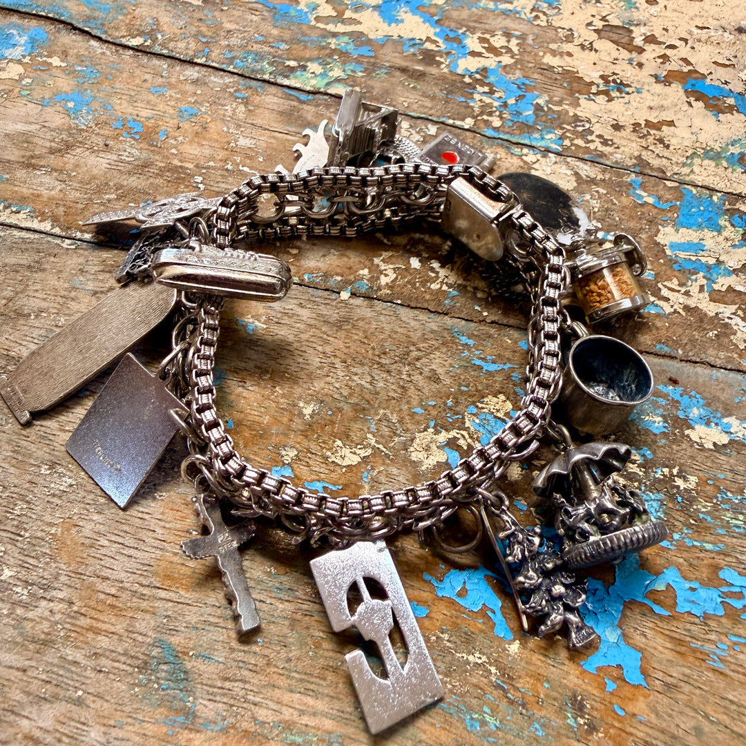 Vintage Wide Sterling Silver 16 Charm Bracelet
