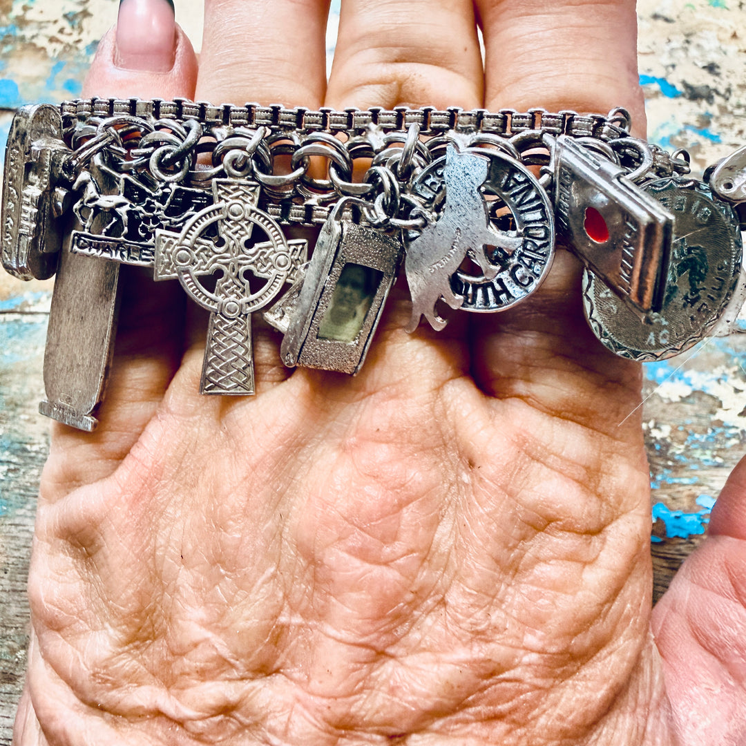 Vintage Wide Sterling Silver 16 Charm Bracelet