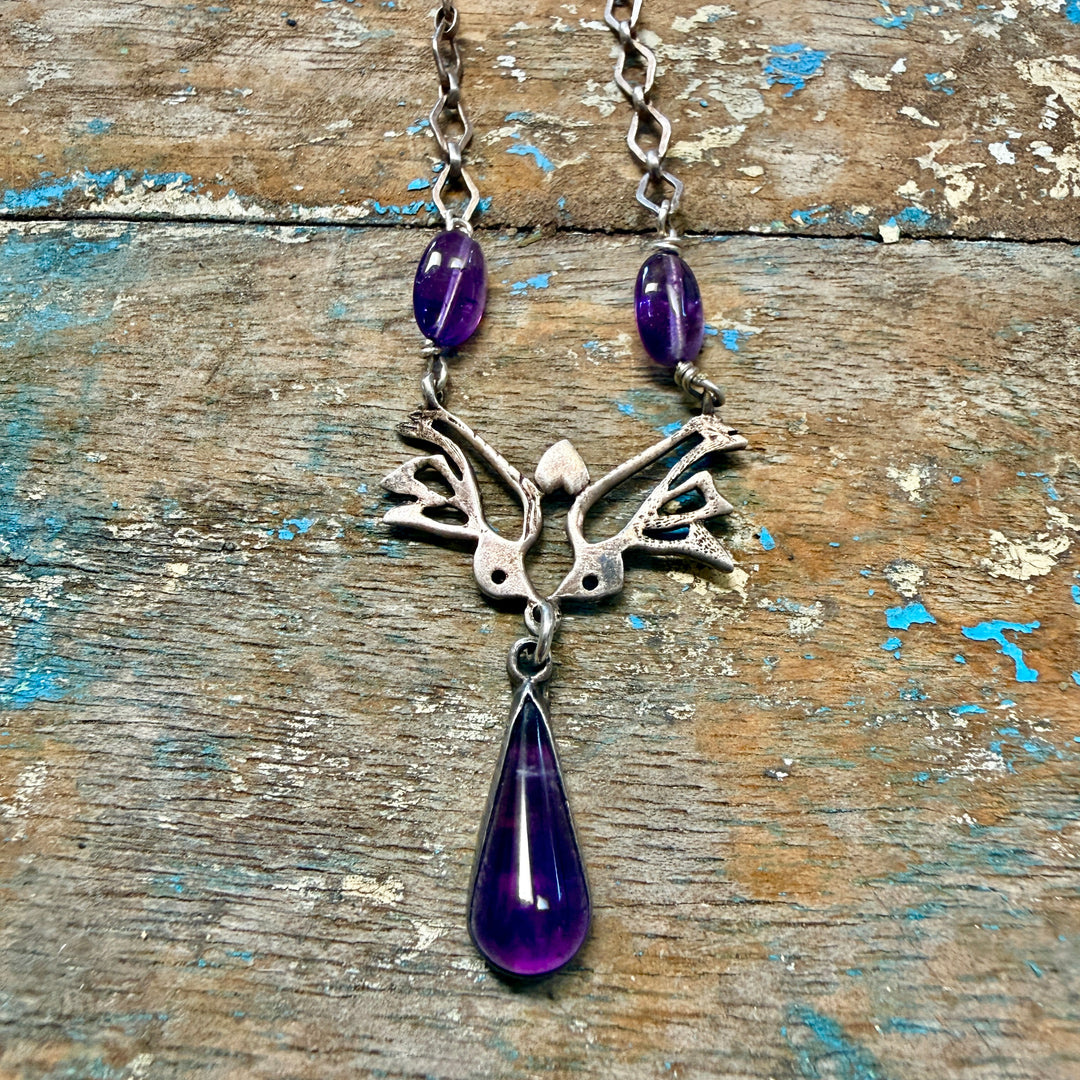 Vintage Mexican Lovebird Necklace Sterling Silver & Purple Amethyst