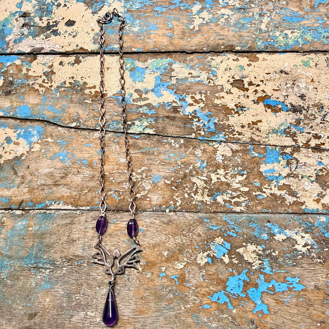 Vintage Mexican Lovebird Necklace Sterling Silver & Purple Amethyst