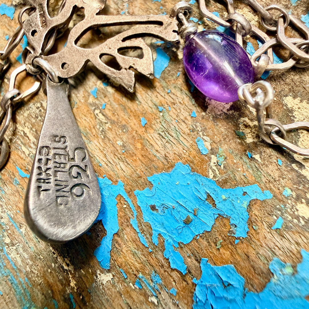 Vintage Mexican Lovebird Necklace Sterling Silver & Purple Amethyst