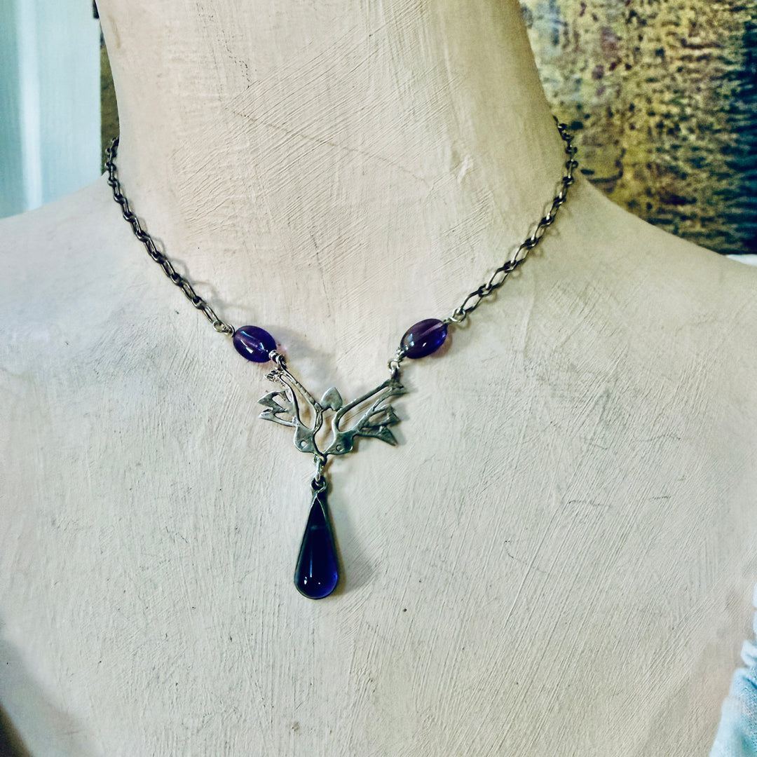 Vintage Mexican Lovebird Necklace Sterling Silver & Purple Amethyst