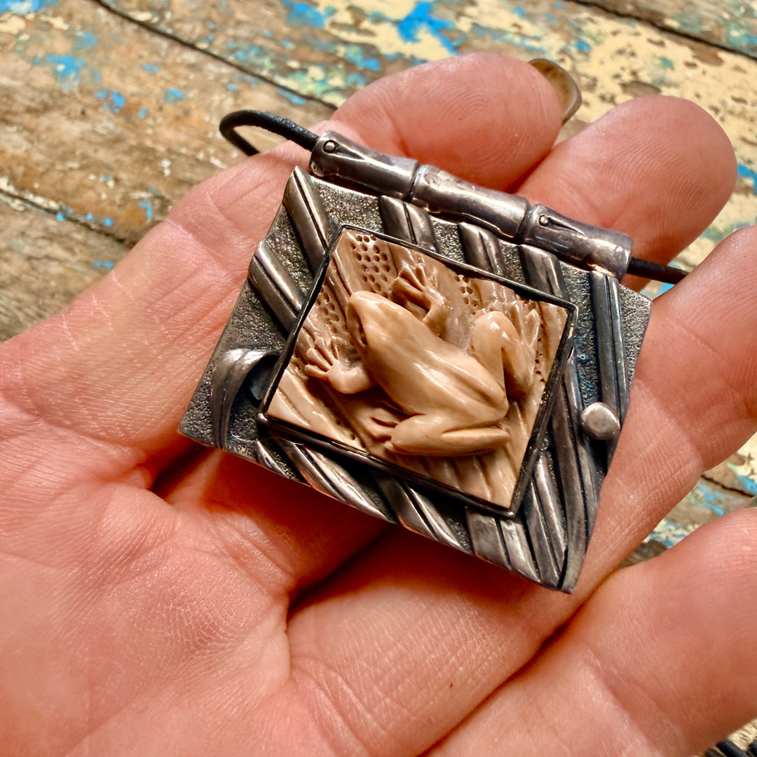 Zealandia Sterling Silver Carved Fossilized Walrus Frog Locket Pendant