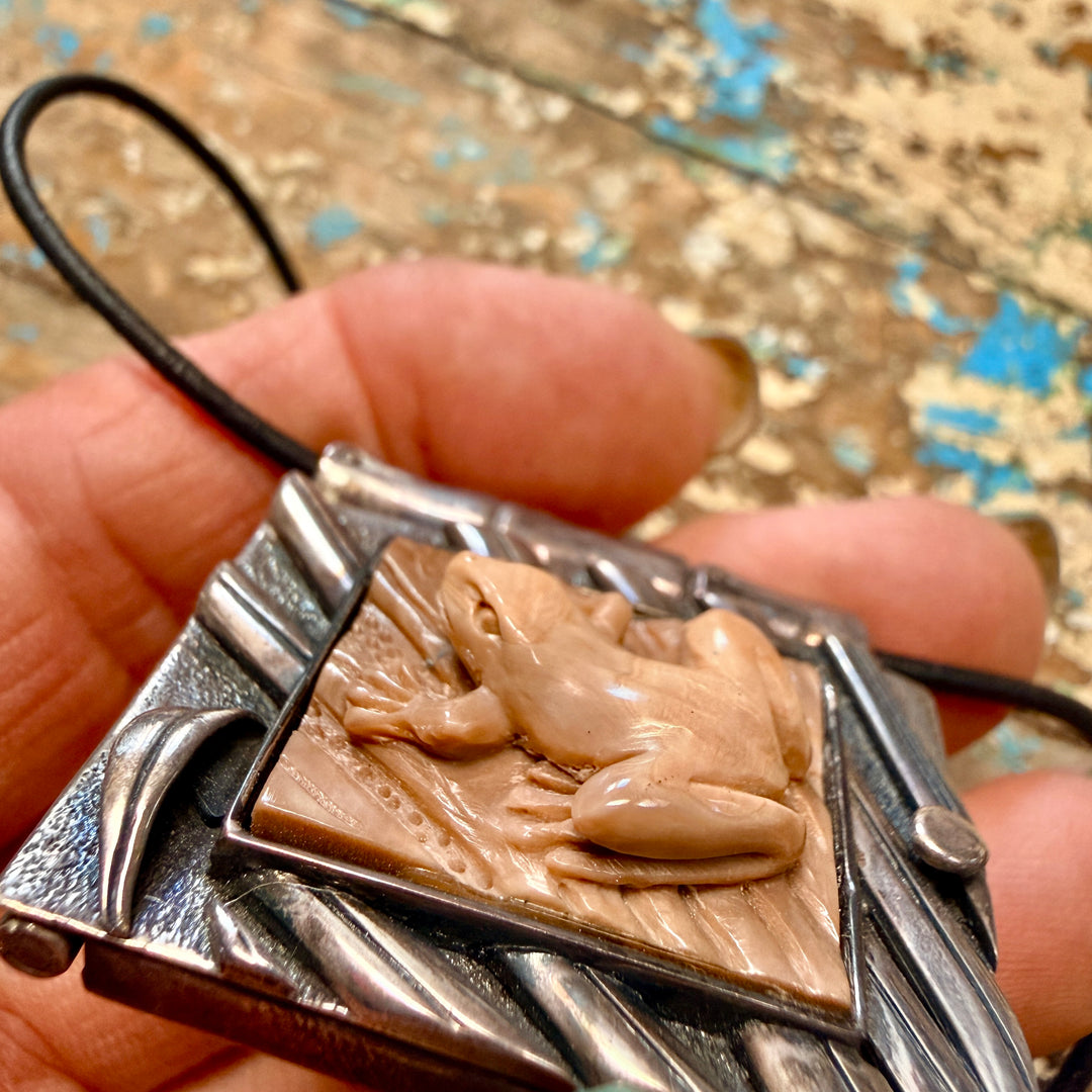 Zealandia Sterling Silver Carved Fossilized Walrus Frog Locket Pendant