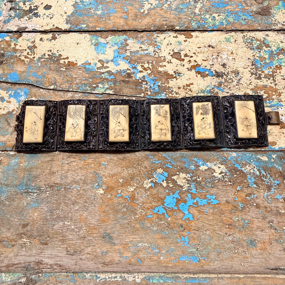 Vintage Black Copper Chinese Export Scrimshaw Panel Bracelet
