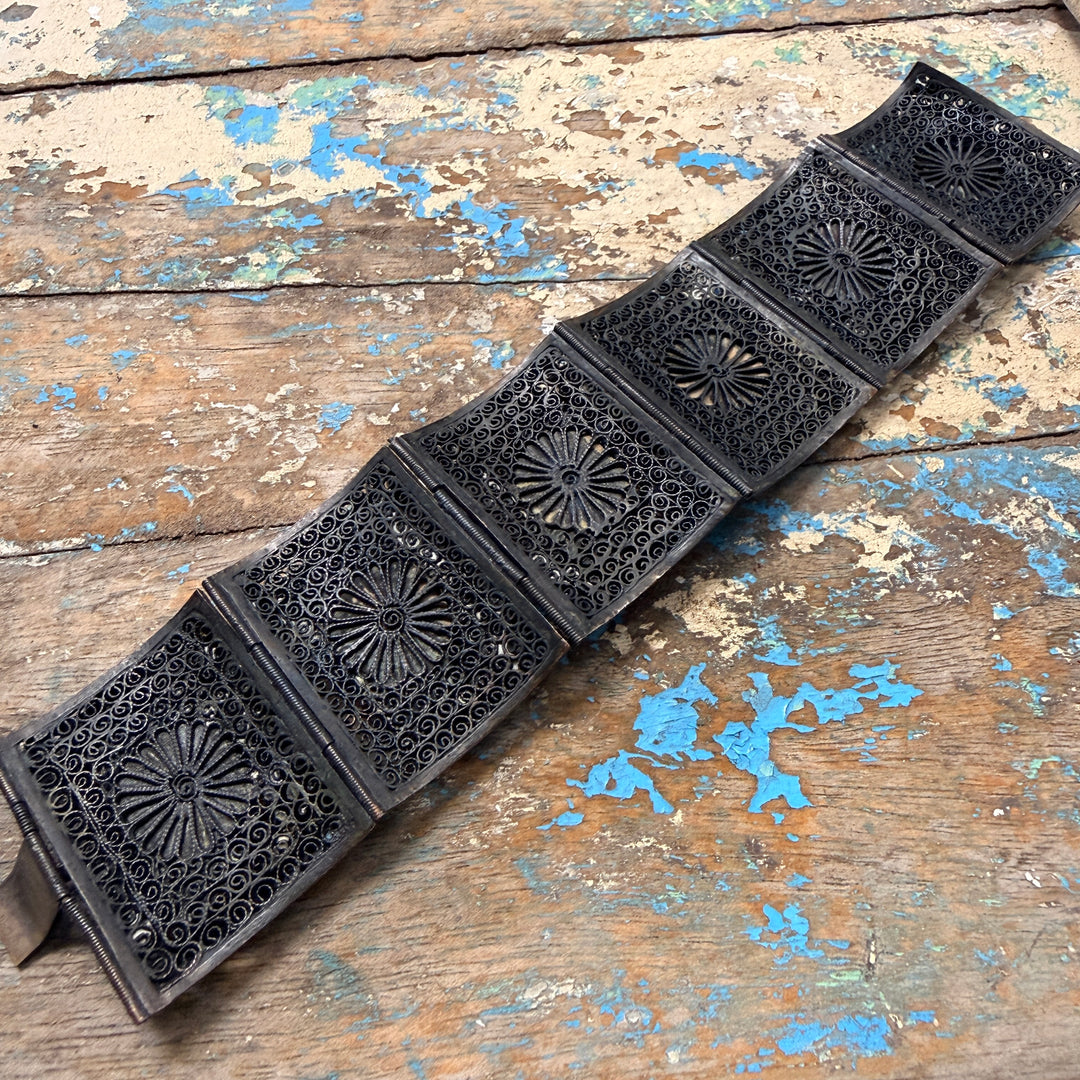 Vintage Black Copper Chinese Export Scrimshaw Panel Bracelet