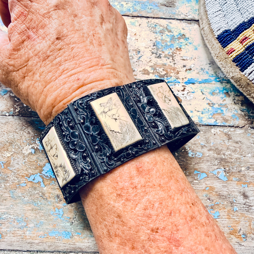 Vintage Black Copper Chinese Export Scrimshaw Panel Bracelet