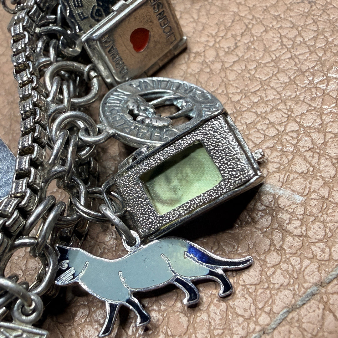 Vintage Wide Sterling Silver 16 Charm Bracelet