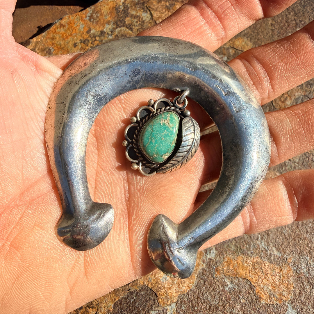 Vintage Sand Cast Sterling Silver & Turquoise Naja Pendant Southwestern