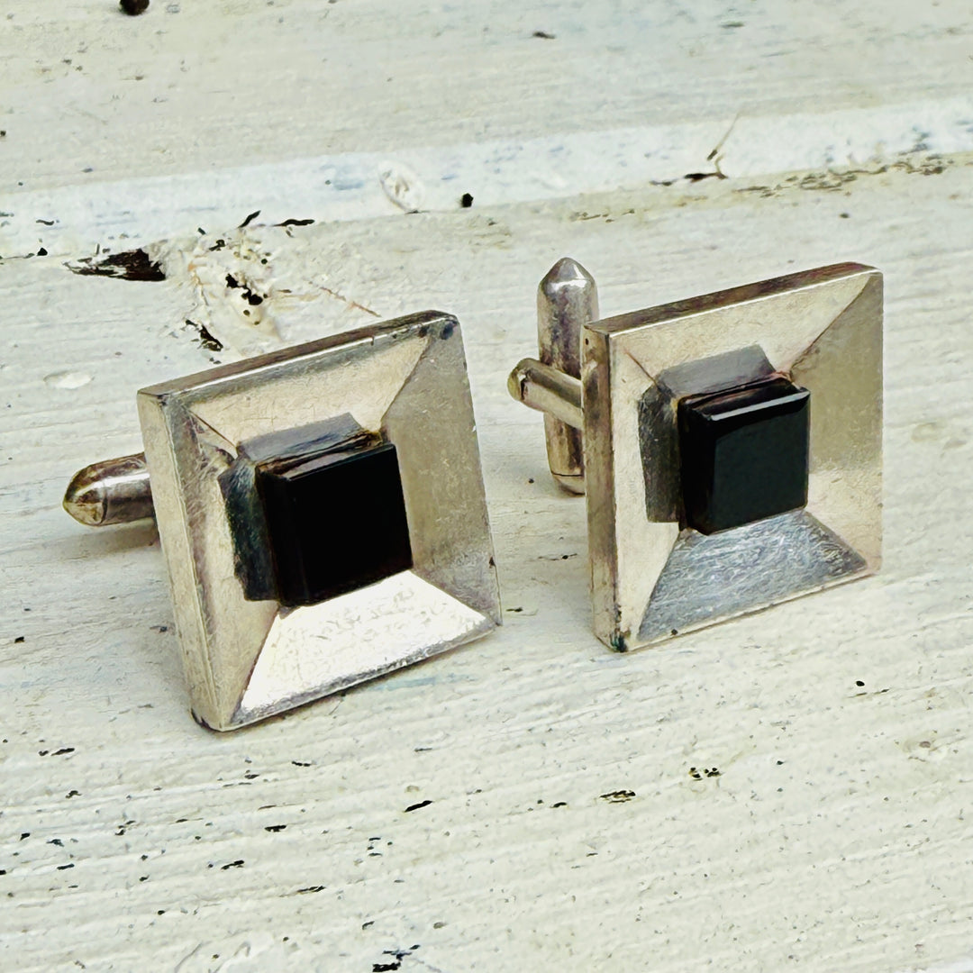 Rare! Antonio Pineda 970 Silver & Obsidian Cufflinks Mexico