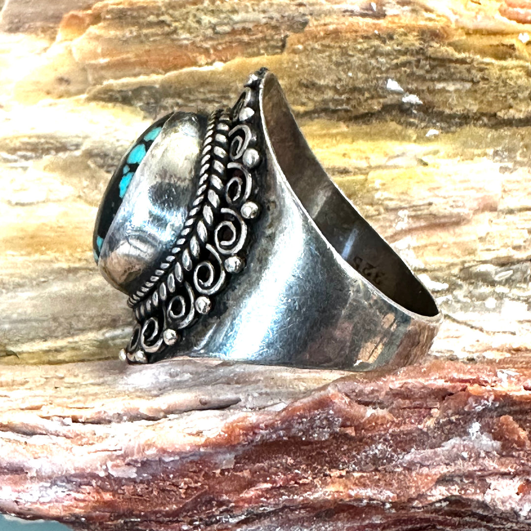 Sterling Silver & Dark Nodule Turquoise Ring Size 9