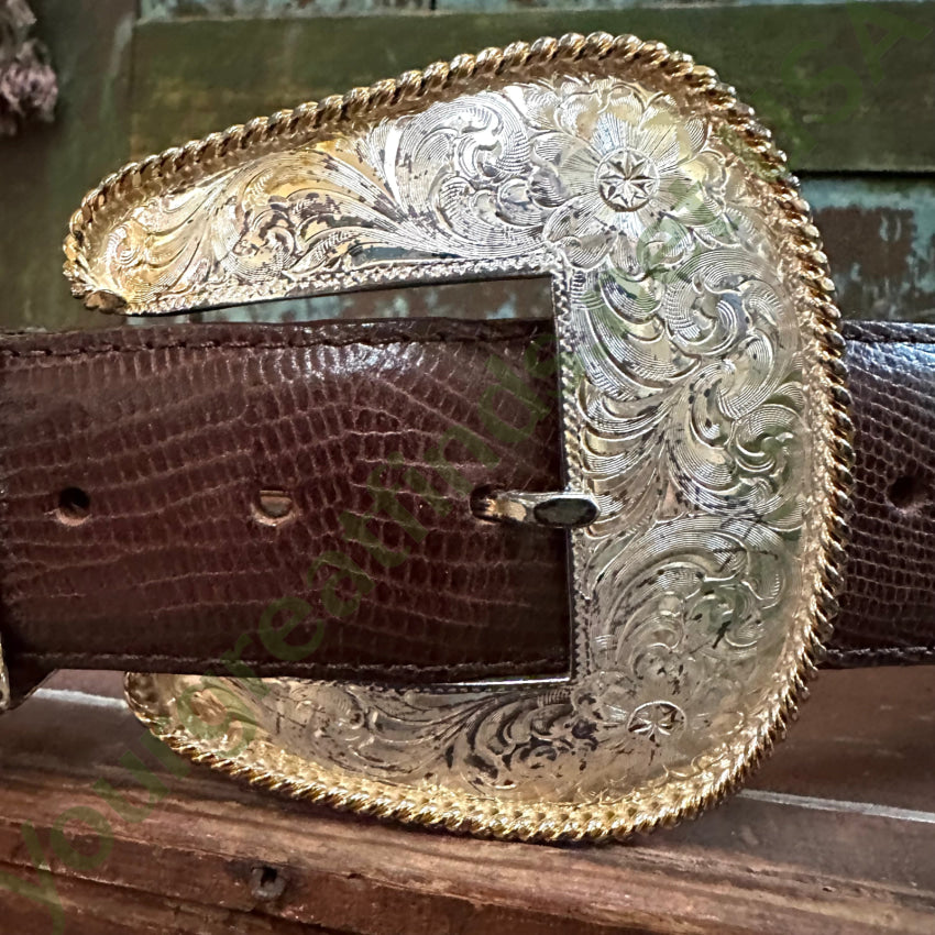 Al Beres Montana Silversmith Silver Plate Buckle & Leather Belt