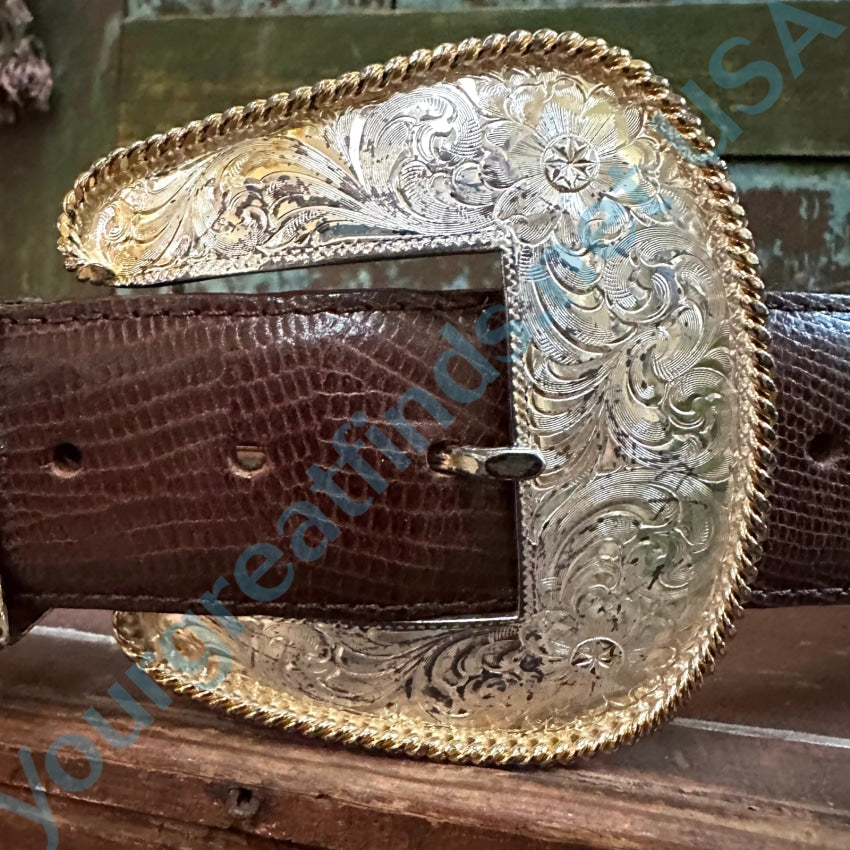 Al Beres Montana Silversmith Silver Plate Buckle &amp; Leather Belt