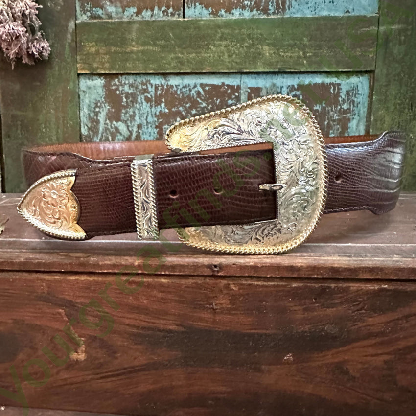 Al Beres Montana Silversmith Silver Plate Buckle & Leather Belt