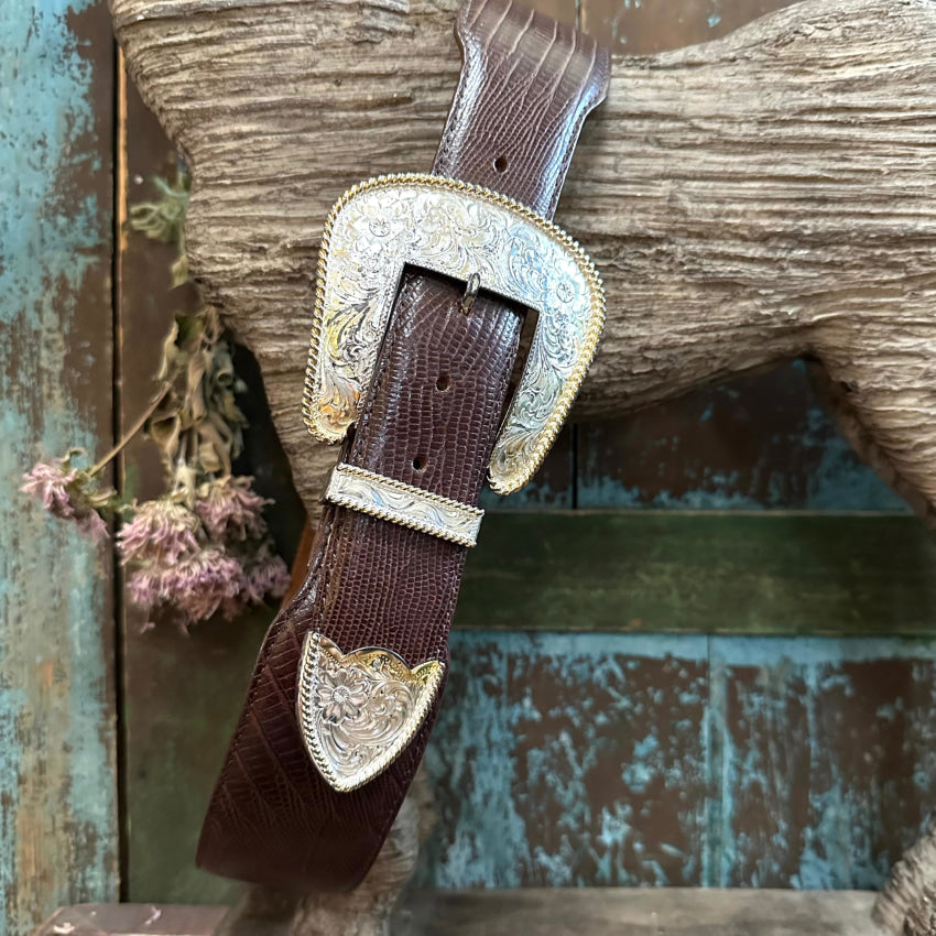 Al Beres Montana Silversmith Silver Plate Buckle & Leather Belt