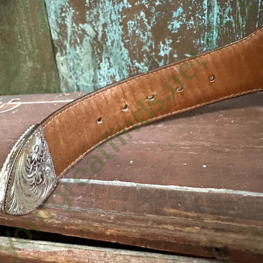 Al Beres Montana Silversmith Silver Plate Buckle & Leather Belt