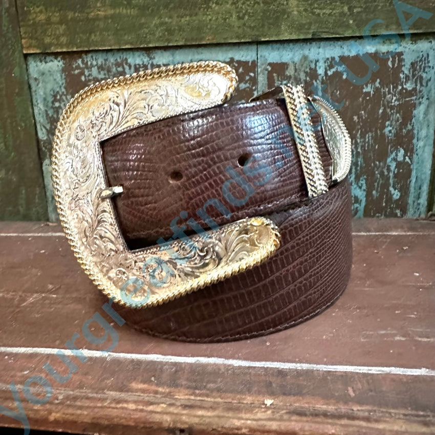 Al Beres Montana Silversmith Silver Plate Buckle &amp; Leather Belt