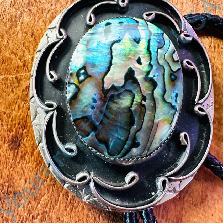 Alpaca Silver & Abalone Leather Bolo Tie Mexico Bolo Tie