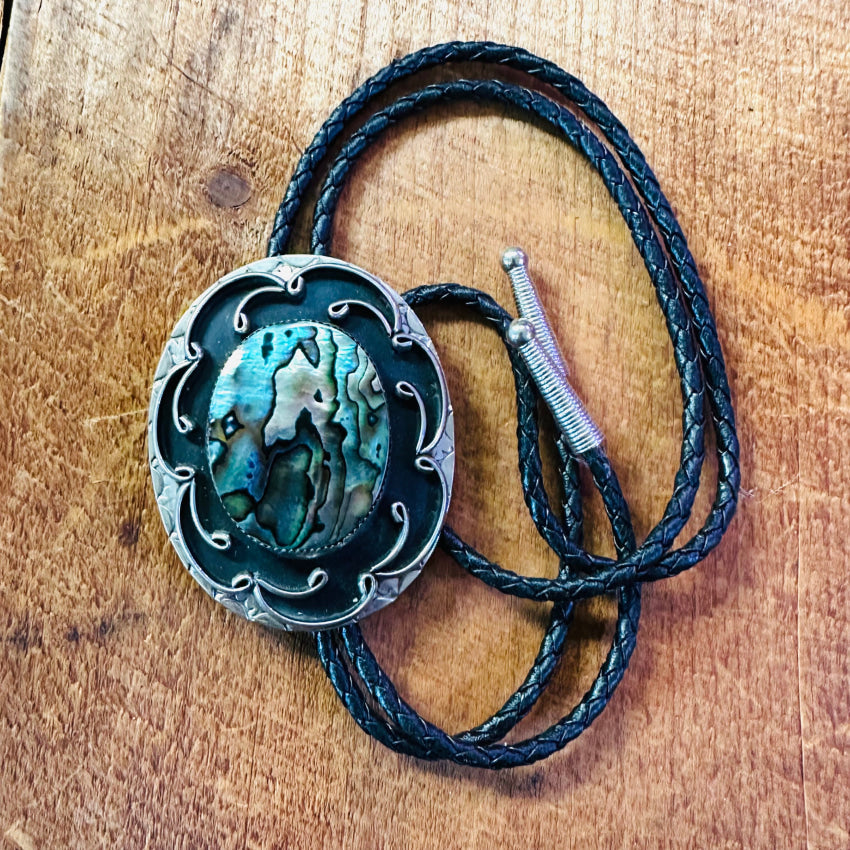 Alpaca Silver & Abalone Leather Bolo Tie Mexico Bolo Tie