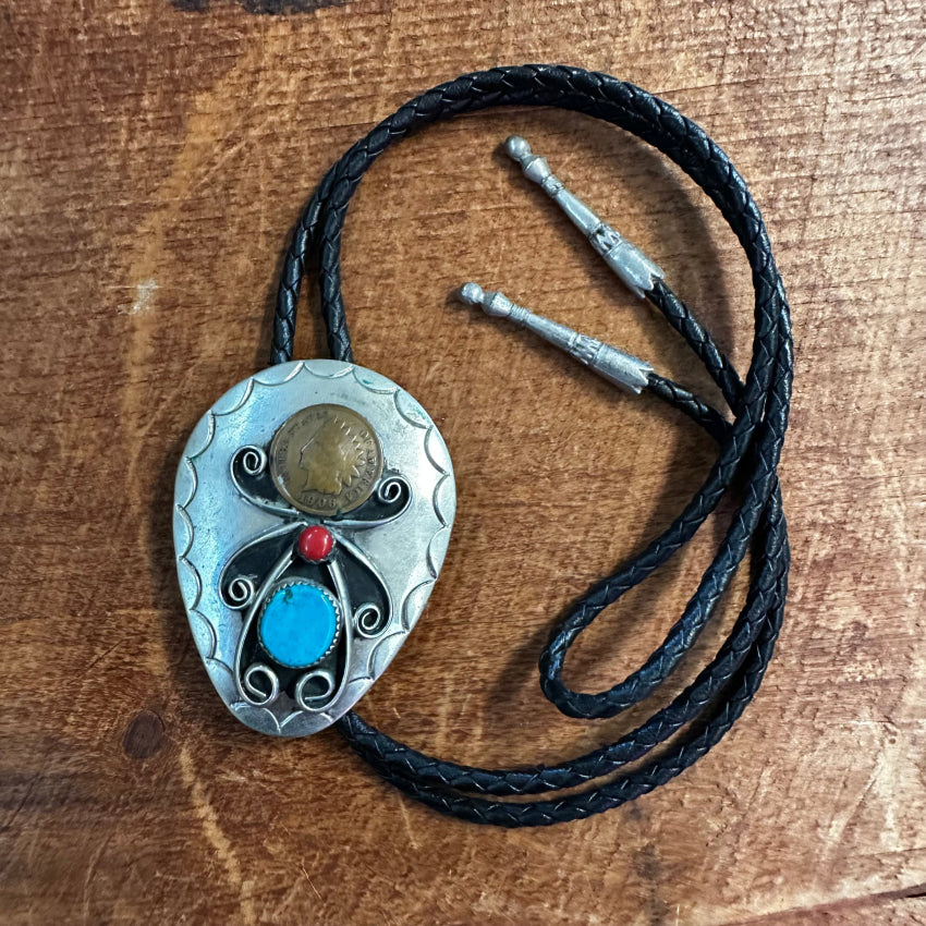 Alpaca Silver & Turquoise Red Glass 1906 Penny Leather Bolo Tie Mexico Bolo Tie