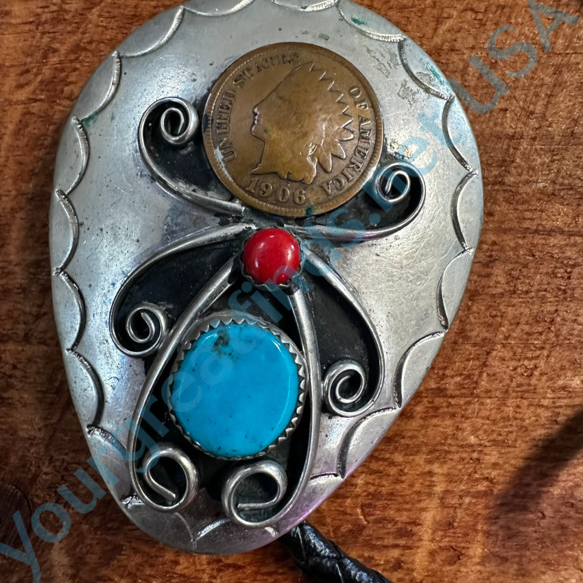 Alpaca Silver & Turquoise Red Glass 1906 Penny Leather Bolo Tie Mexico Bolo Tie