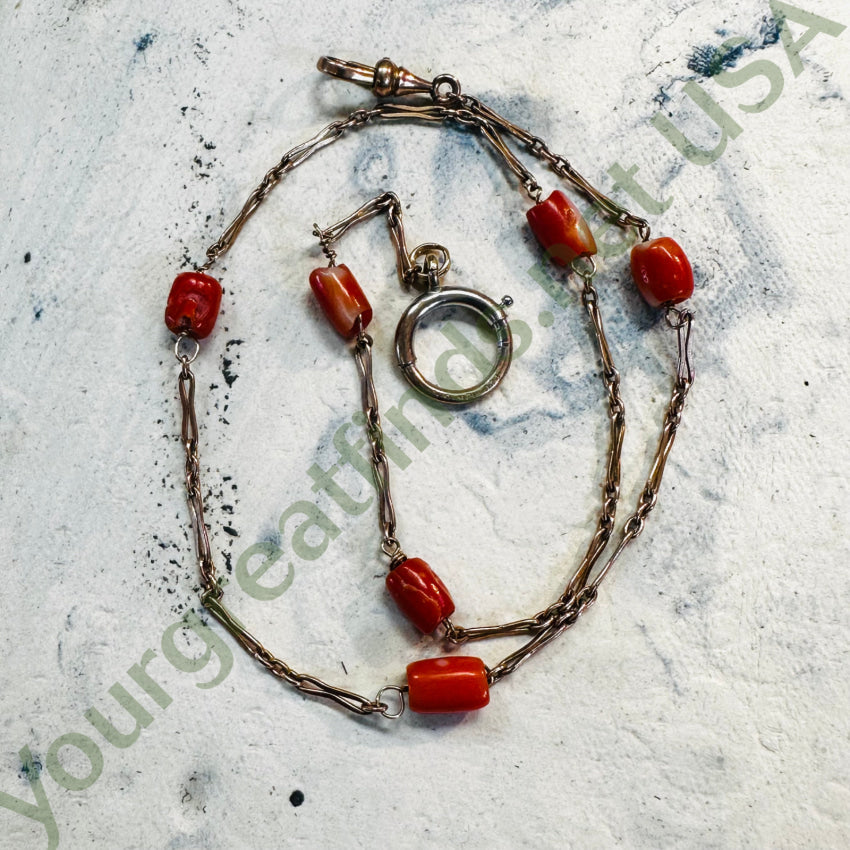 Antique 1/20 12K Gold & Coral Watch Chain Necklace Watch Chain