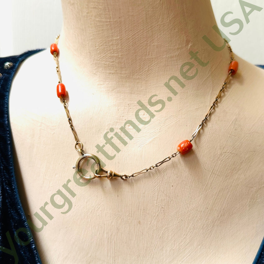 Antique 1/20 12K Gold & Coral Watch Chain Necklace Watch Chain