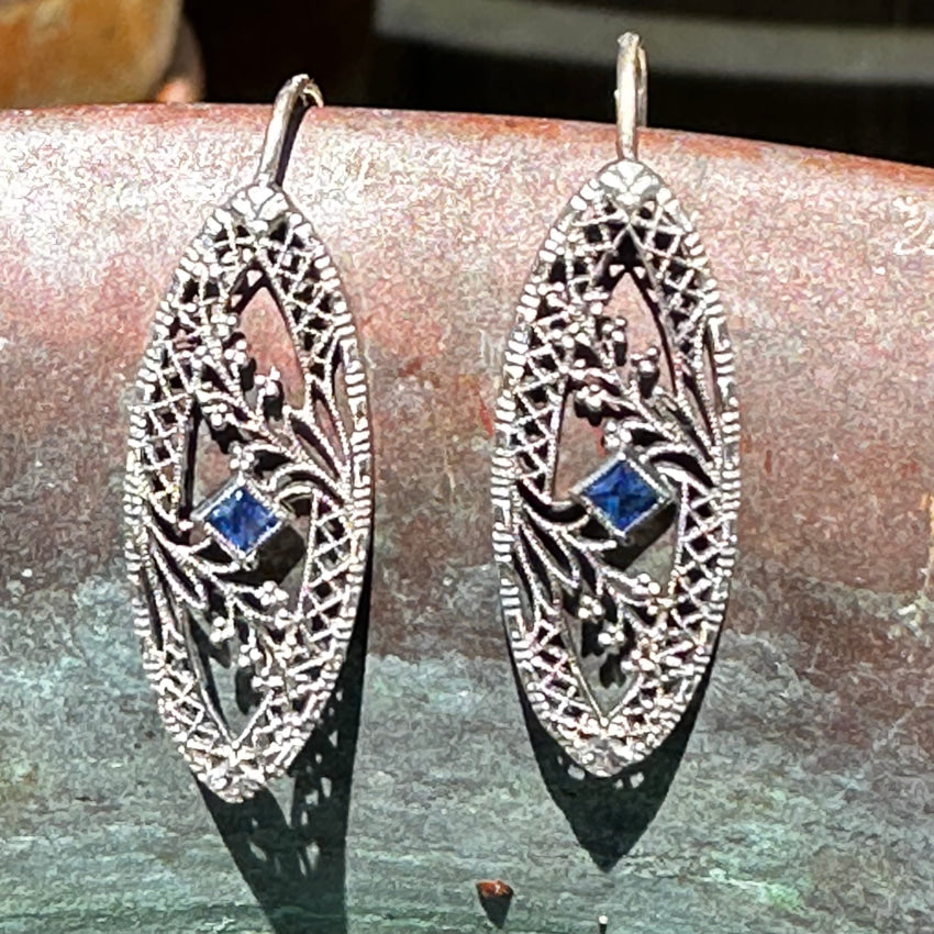 Antique 18K White Gold & Blue Sapphire Filigree Earrings Earrings