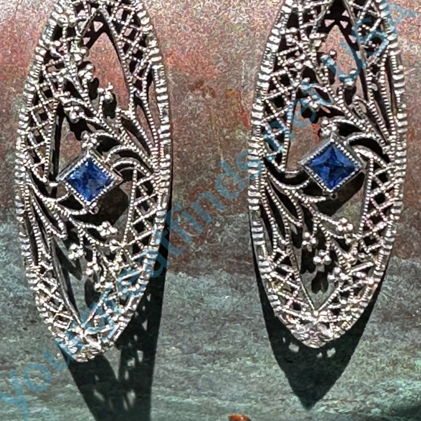 Antique 18K White Gold & Blue Sapphire Filigree Earrings Earrings