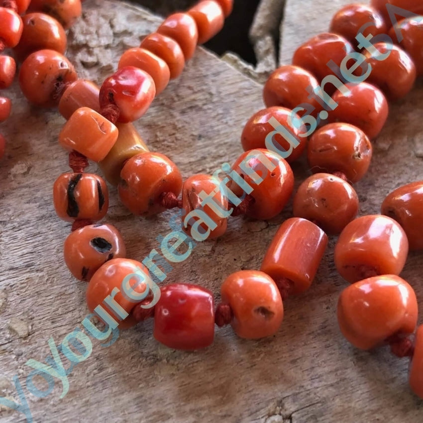 Antique 32" Hand Knotted Coral Bead Necklace Yourgreatfinds