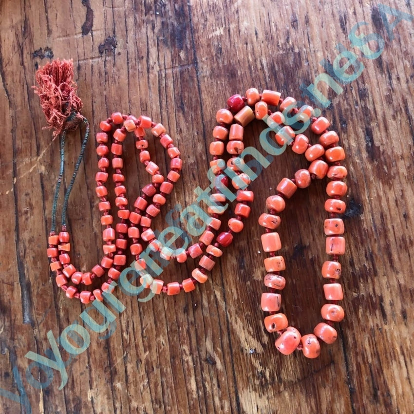 Antique 32" Hand Knotted Coral Bead Necklace Yourgreatfinds