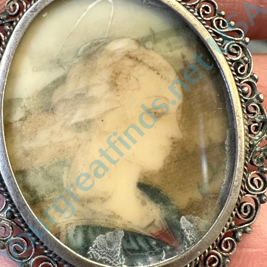 Antique 800 Silver Filigree Hand Painted Portrait Pin Pendant