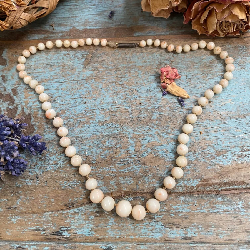 Antique Angel Skin Coral Graduated Bead Necklace Knotted