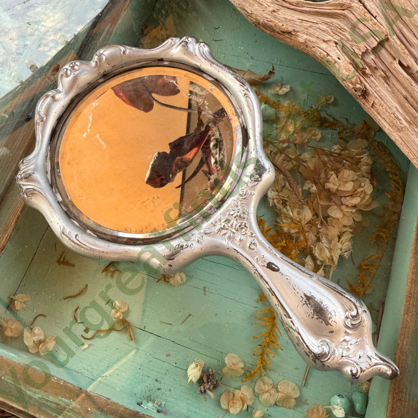 Antique Art Nouveau Metal Vanity Hand Mirror Cherubs hand mirror