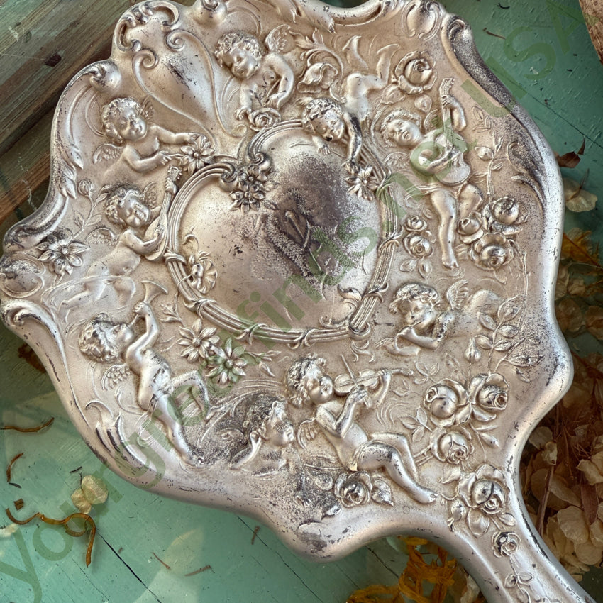 Antique Art Nouveau Metal Vanity Hand Mirror Cherubs hand mirror