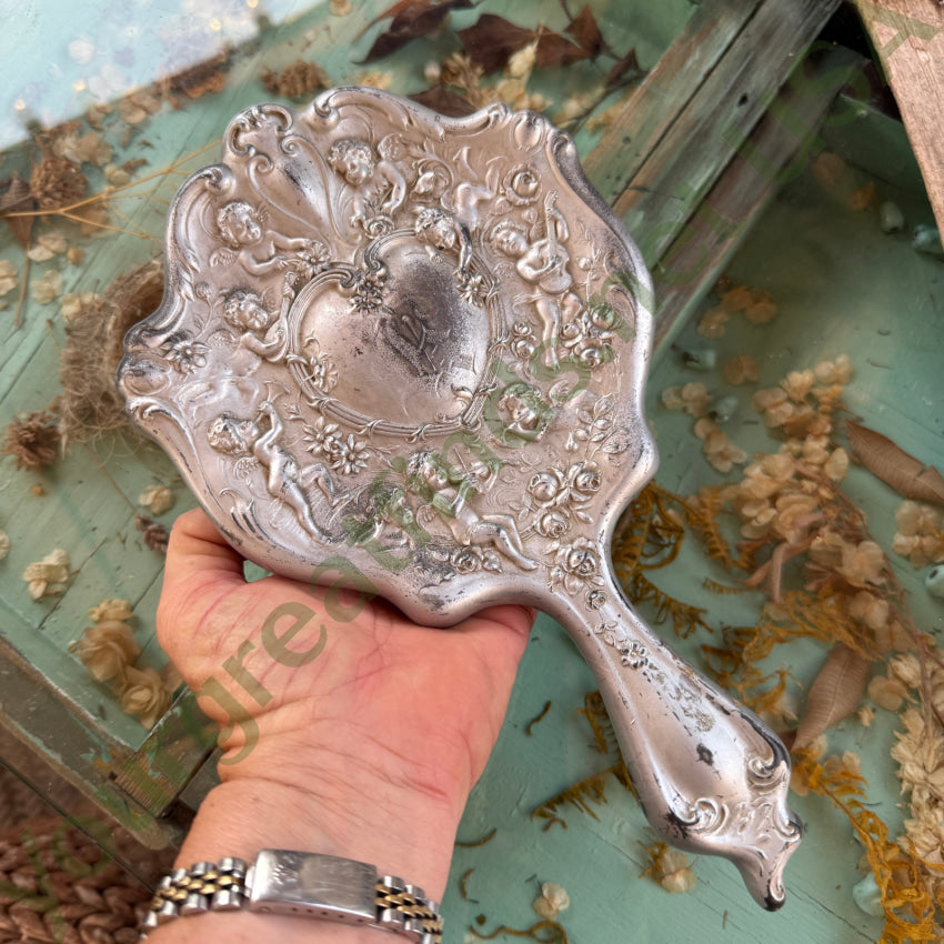 Antique Art Nouveau Metal Vanity Hand Mirror Cherubs hand mirror