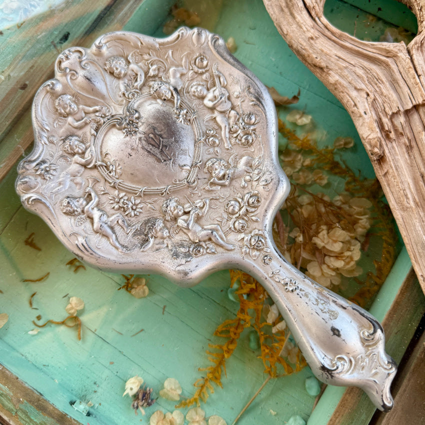 Antique Art Nouveau Metal Vanity Hand Mirror Cherubs hand mirror