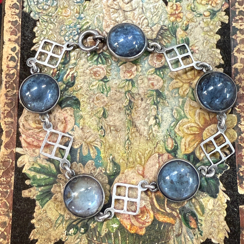 Antique English Sterling Silver Glass & Butterfly Wings Bracelet Bracelets