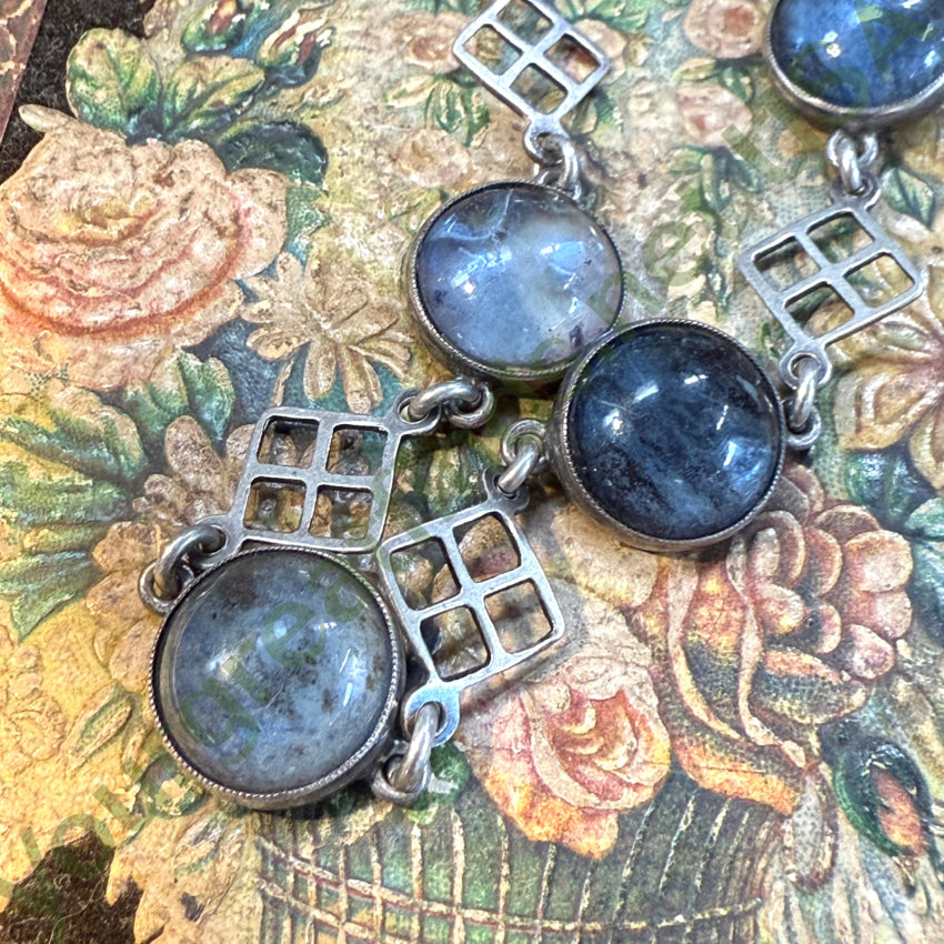 Antique English Sterling Silver Glass & Butterfly Wings Bracelet Bracelets