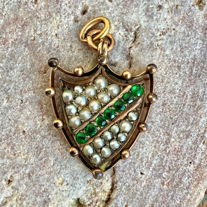 Antique Gold Filled Shield Pendant Natural Seed Pearls pendant