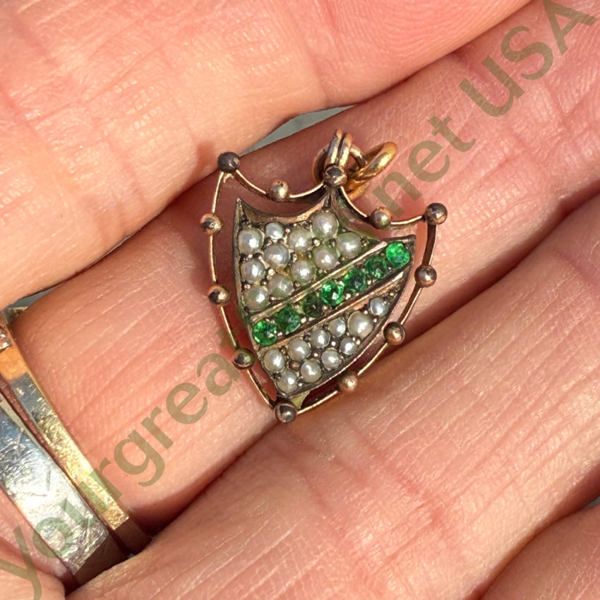 Antique Gold Filled Shield Pendant Natural Seed Pearls pendant