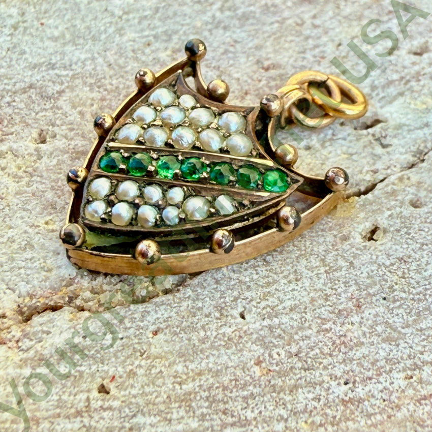 Antique Gold Filled Shield Pendant Natural Seed Pearls pendant
